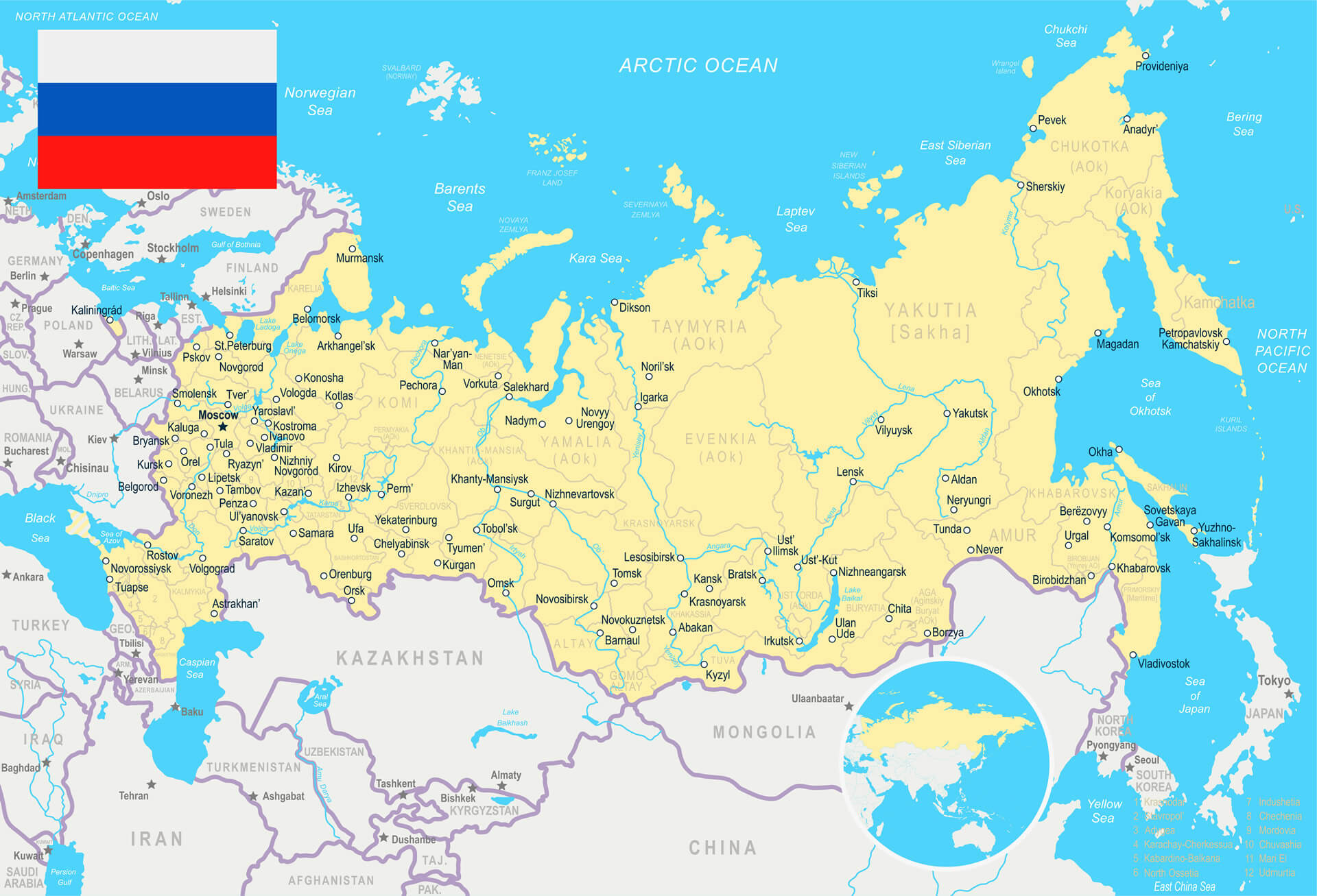 Nehirler ve Göller ile Rusya Haritası